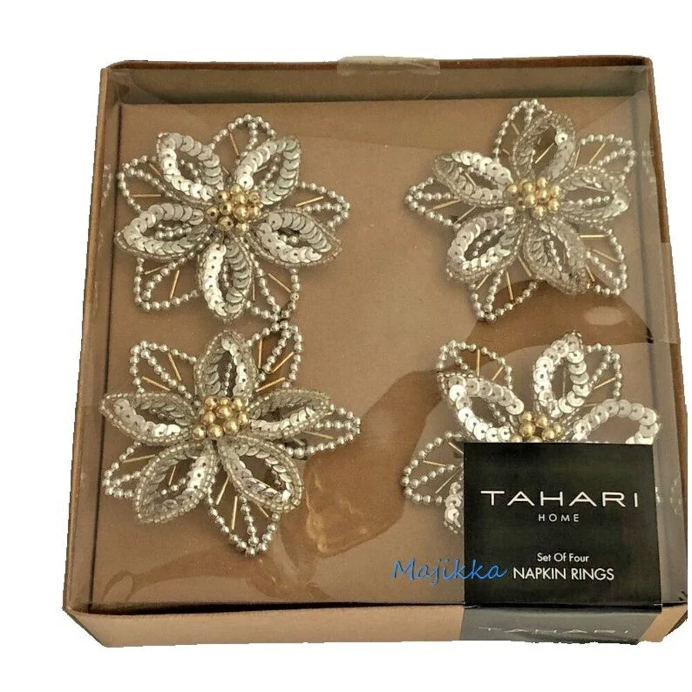 Tahari Poinsettia Flower Napkin Rings Beaded Silver Christmas Holiday Set of 4